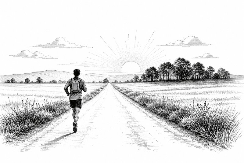 Tuschezeichnung: ein Läufer mit Laufweste von hinten auf einer geraden Landstraße im Morgenlicht