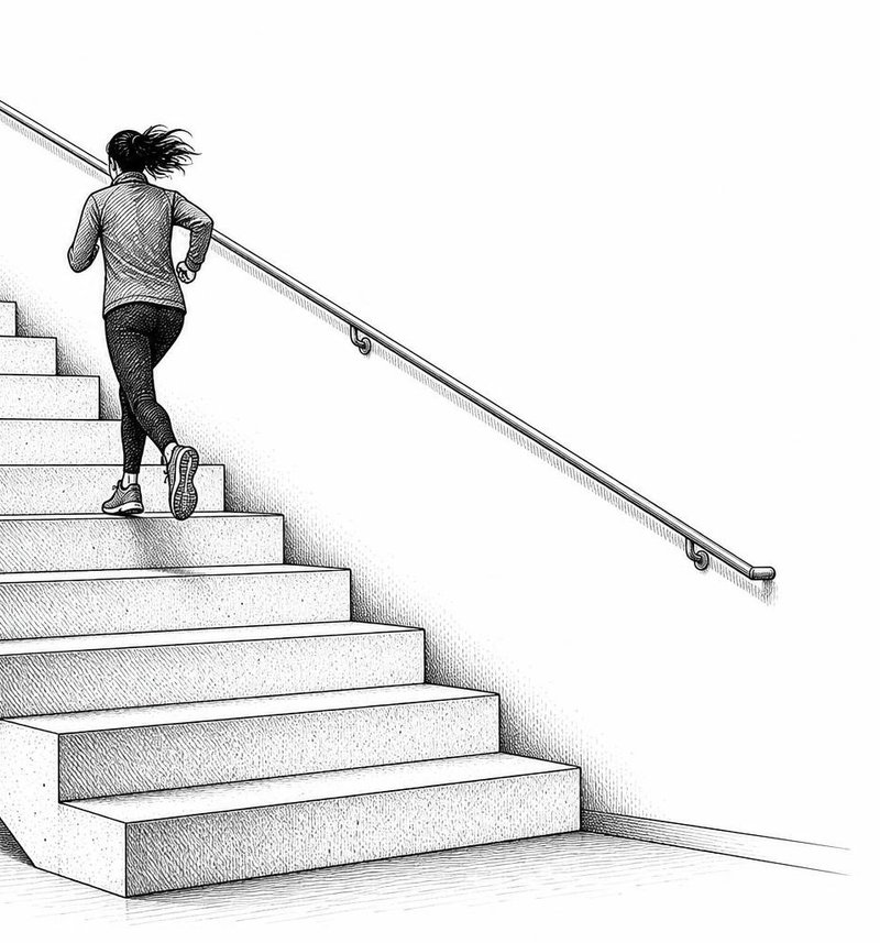Tuschezeichnung: eine Läuferin mitten im Schritt auf einer geraden Treppe mit Handlauf an der Wand, die Stufen laufen nach links aus dem Bild